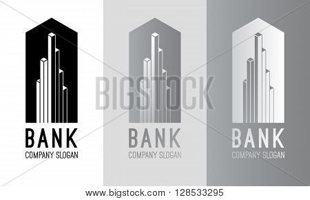 Vector bank logo design. Silver bank logo. Black and white bank logotype. Bank sign. Bank symbol. Bank building vector emblem. Modern emblem for your business. Line logo Abstract finance concept.
