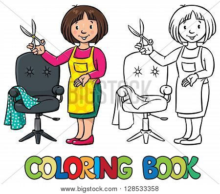 Coloring book of funny woman hairdresser with scissors near the barber chair in round frame with cartouche. Profession ABC series. Children vector illustration.
