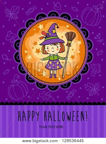 Bright holiday background in vector. Halloween vector card with funny witch.