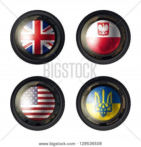 Camera lens with flag. England, Poland, USA and Ukraine flags. Vector illustration