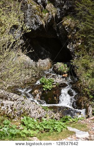 Outside view of a cave entrance with water stream