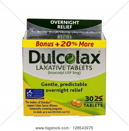 RIVER FALLS,WISCONSIN:MAY 05,2016: A box of Dulcolax brand coated laxative tablets. Dulcolax is a product of Boehringer Incelheim Pharmaceuticals.
