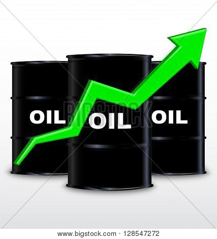 Oil Barrels And Green Arrow Chart On White Background, Up Trend