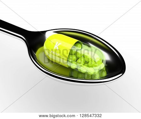 3D Kalium Pill On Spoon Over White