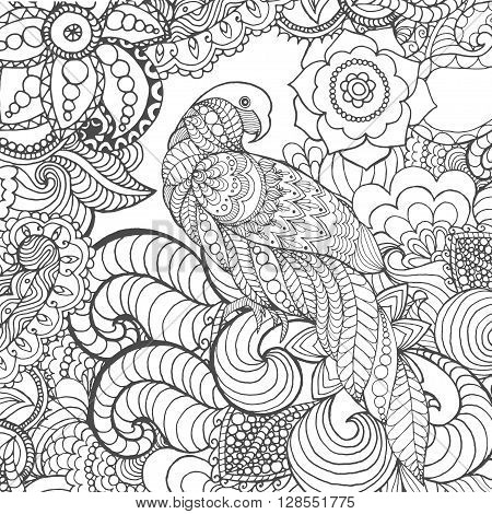 Cute parrot in fantasy garden. Animals. Hand drawn doodle. Ethnic patterned illustration. African, indian, totem tatoo design. Sketch for avatar, tattoo, poster, print or t-shirt.