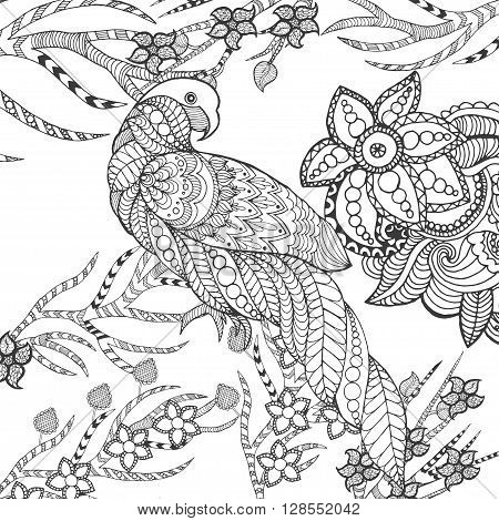 Cute parrot in fantasy garden. Animals. Hand drawn doodle. Ethnic patterned illustration. African, indian, totem tatoo design. Sketch for avatar, tattoo, poster, print or t-shirt.