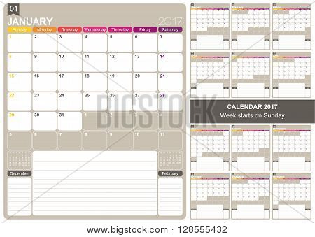 English printable monthly calendar template set of 12 months January - December week starts on Sunday.