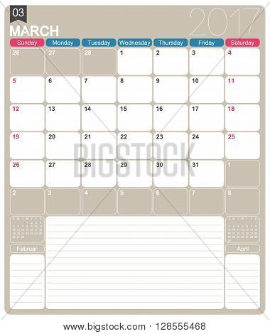 Mardh 2017 English printable monthly calendar template week starts on Sunday.