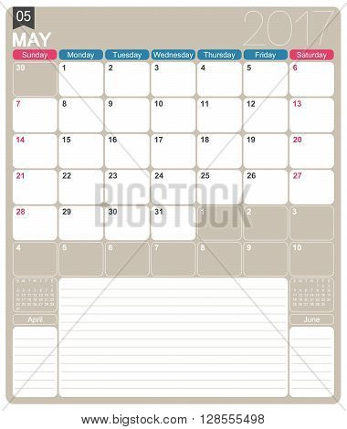 May 2017 English printable monthly calendar template week starts on Sunday.