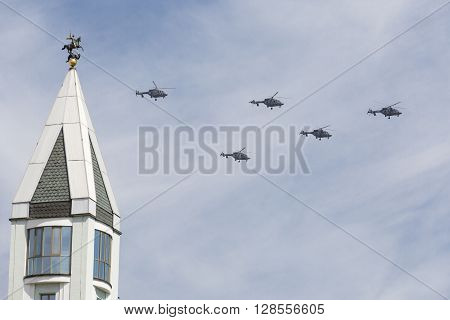 Ansat-u Light Multipurpose Helicopters Fly On Military Parade Devoted To 70Th Anniversary Of Victory