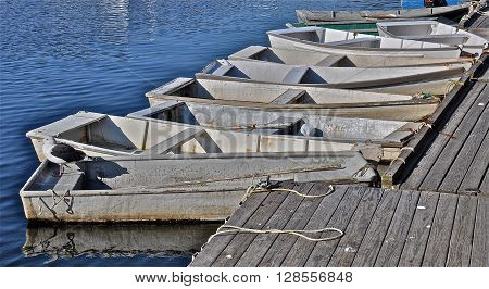 Work boats or dingys tied up waiting to be rowed out.