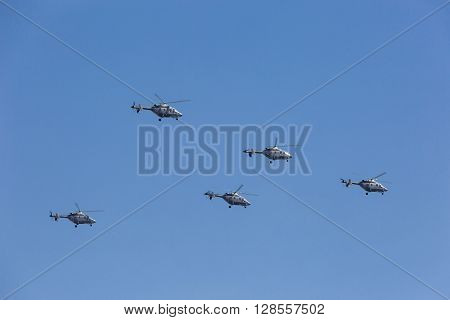 Ansat-u Light Multipurpose Helicopters Fly On Military Parade Devoted To 70Th Anniversary Of Victory