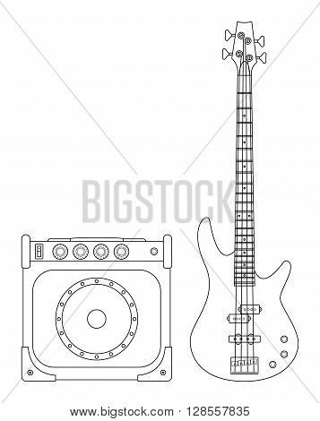 Rock electric bass guitar and amplifier for concerts and festivals outlined and in black and white