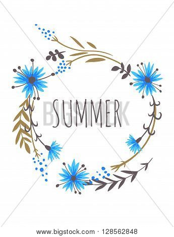 Summer wreath. vector hand drawn floral illustration with cornflowers and meadow herbs