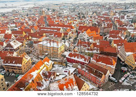 Panoramic top view on winter medieval town within fortified wall. Nordlingen, Bavaria, Germany.