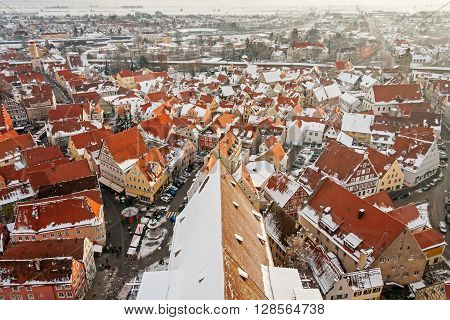 Panoramic top view on winter medieval town within fortified wall. Nordlingen, Bavaria, Germany.
