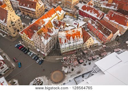 Panoramic top view on winter medieval town within fortified wall. Nordlingen, Bavaria, Germany.