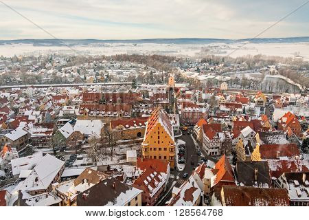 Panoramic top view on winter medieval town within fortified wall. Nordlingen, Bavaria, Germany.