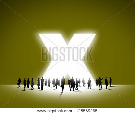 Large group of business people and big cross sign