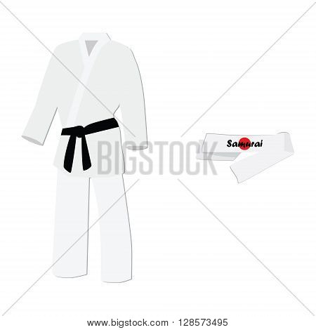 Vector illustration hachimaki national japanese headband with japan flag. Samurai bandana. White training kimono with black belt karate sport
