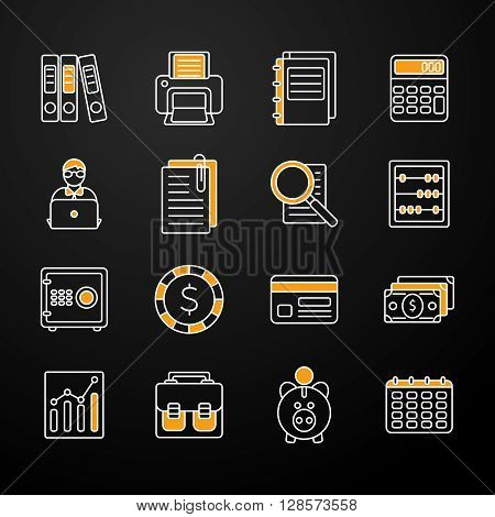 Flat set with accauntant and bookkeeping icons with orange stylish elements on the black background vector illustration