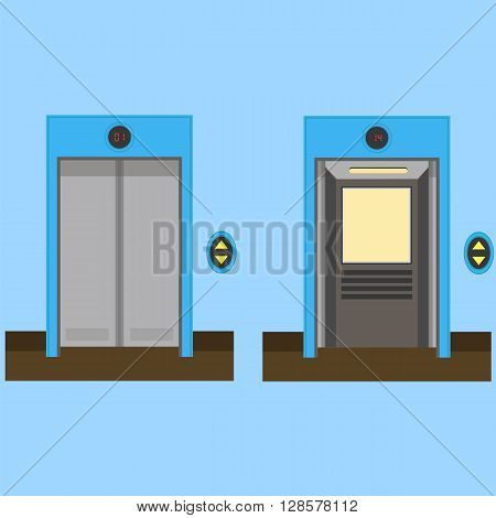 Metal Office Building Elevator on Blue Background. Closed and Open Doors.