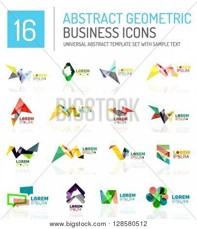 Abstract geometric business logo icon set. Colorful geometrical figure compositions with light effects - triangles circles rings arrows lines