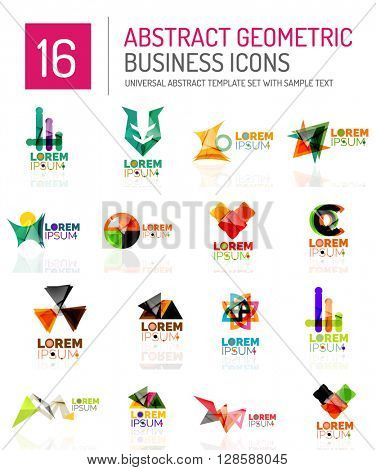 Abstract geometric business logo icon set. Colorful geometrical figure compositions with light effects - triangles circles rings arrows lines