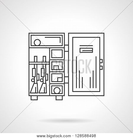 Lockers, safes and storages. Open armor box with guns and ammunition. Weapon accessories and equipment. Flat line style vector icon. Single design element for website, business.