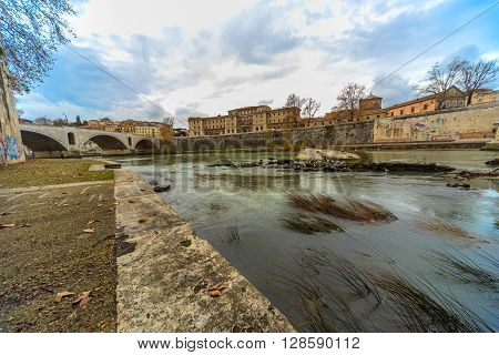 ROME - January 12: Nice view of the river Tiber January 12 2016 in Rome Italy.