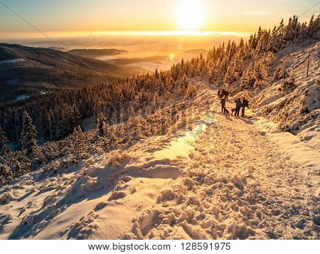 Group of people walks in winter mountains iat sunset time. Landscape illuminated by evening sun. Giant Mountains or Krkonose, Czech Republic
** Note: Soft Focus at 100%, best at smaller sizes