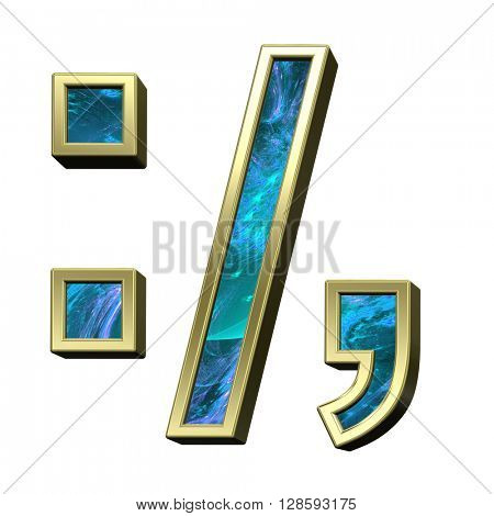 Colon, semicolon, period, comma from blue fractal with gold frame alphabet set isolated over white. 3D illustration.