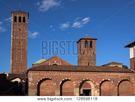 Facade of Saint Ambrose cathedral in Milan Italy