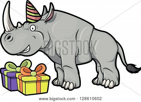 Rhino with gift using Birhtday party costume  .eps10 editable vector illustration design