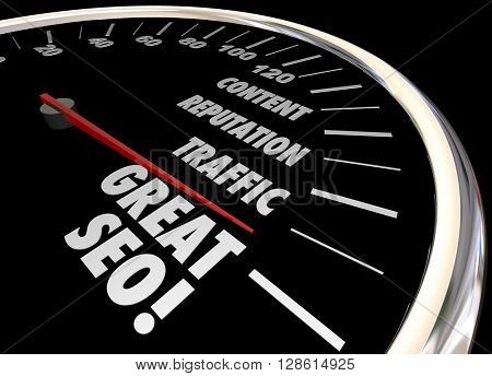 Great SEO Search Engine Optimization Speedometer Words 3d Illustration