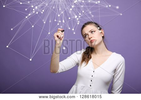 Global network connection concept, woman working with futuristic computer interface.