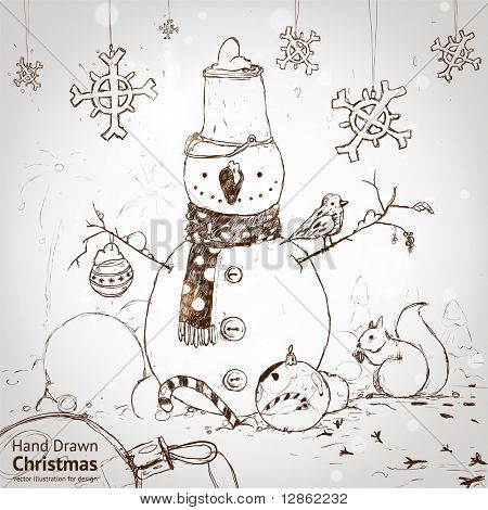 การ์ดคริสต์มาสคริสต์มาสแบบขนต้นไม้ เกล็ดหิมะ ลูก นก กระรอก และมือวาด snowma