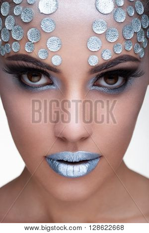 Woman Wearing Fashion Make Up With Rhinestone