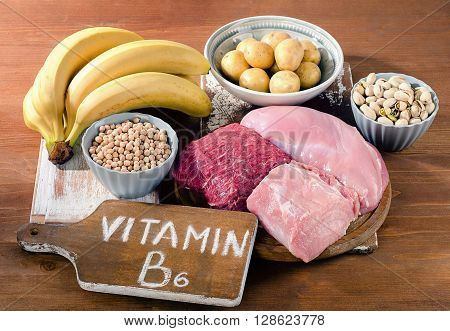 Foods Highest In Vitamin B6 On Wooden Board.