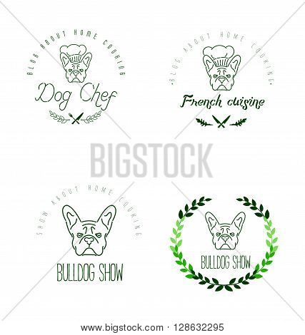 Set of logos with french bulldog and twigs. Nanoline style
