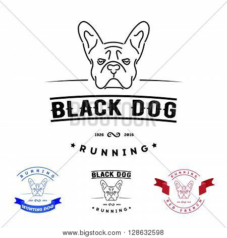 Set of logos with french bulldog and tape. Nanoline style