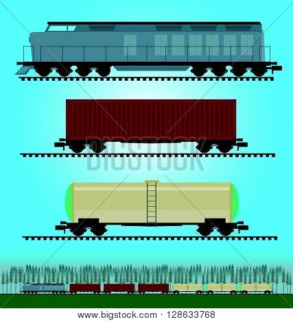 Set of freight train cargo cars. Container tank hopper and box freight train cars. Logistics heavy railway transport design elements. Flat style