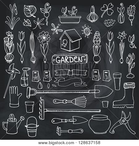 Spring garden set.Hand drawn flowers, bulb, garden tool, boarding equipment.Vector garden sketch elements.Spring Gardening isolated icon set, planting spring symbols, seedlings.Vintage chalkboard