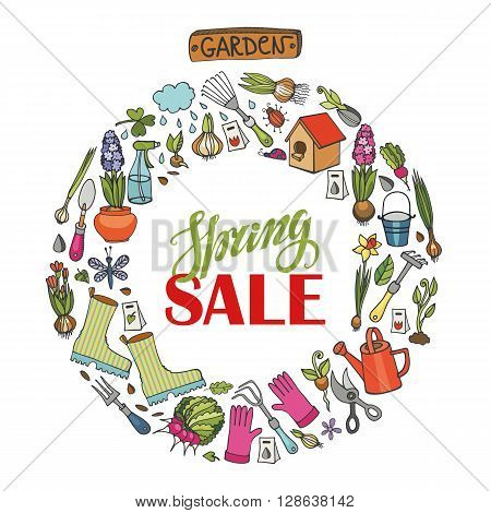 Spring garden sale.Hand drawn flowers, bulb, garden tool, boarding, equipment, lettering quotes in circle wreath composition.Vector garden sketch.Spring Gardening elements, planting spring symbols, seedings