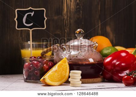 Food and drinks rich of natural vitamin C. Selective focus