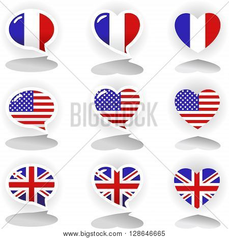 Speech bubbles with symbols of national flags: France United Kingdom and United States of America. Speech bubble set