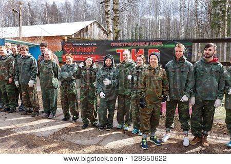 Saint-Petersburg, Russia - April 24, 2016: Paintball tournament in Snaker club between student teams from five universities. Group photo.