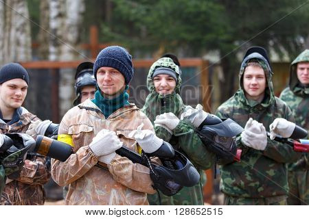 Saint-Petersburg, Russia - April 24, 2016: Paintball tournament in Snaker club between student teams from five universities. Group photo.