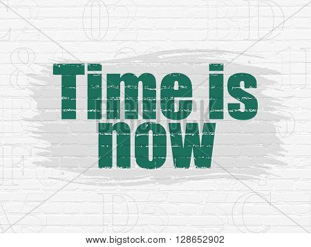 Time concept: Painted green text Time is Now on White Brick wall background with  Hexadecimal Code