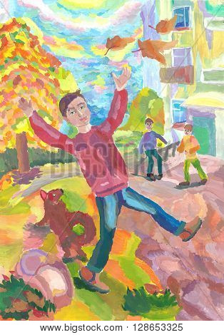 Children playing fun outdoors in the fall. Falling autumn leaves